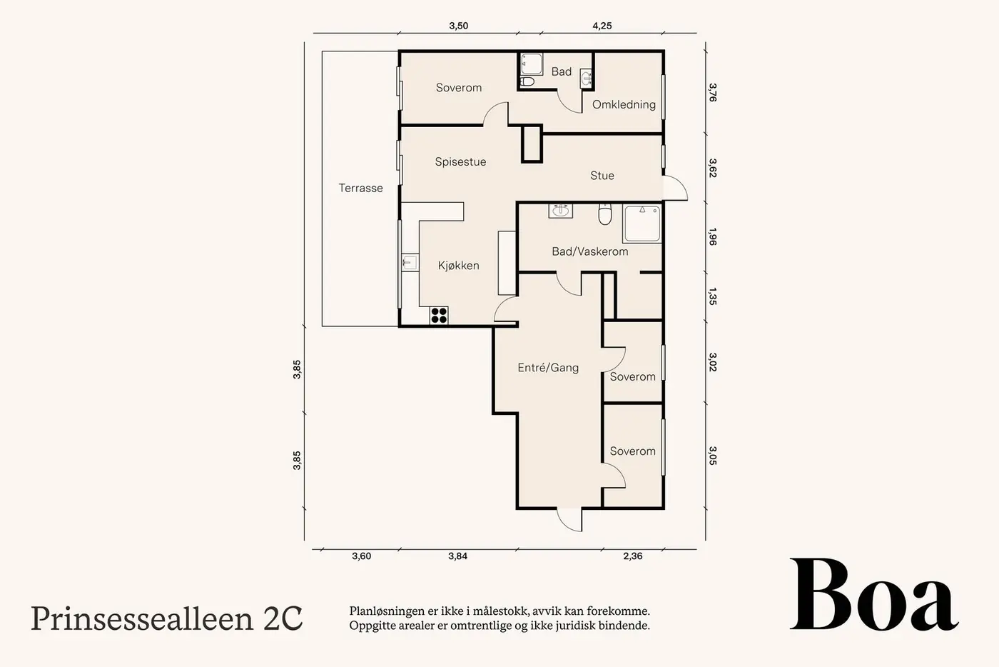 Leiligheten ligger i byggets toppetasje, og inneholder: Entré/gang, kjøkken/stue/spisestue, 2 bad og 3 soverom. Det medfølger 2 kjellerboder, som er ca 5 kvm hver.